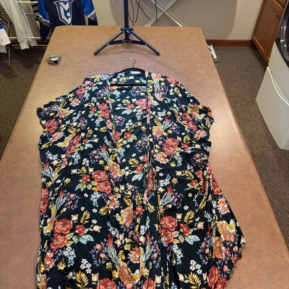 Xhilaration Bird Floral Print Kimono Black Multicolor Open Front Size M/L